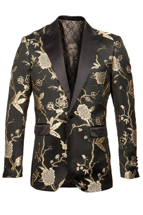 Gold Prom Tuxedo Suit - Gold Wedding Suit - Men's Shiny Floral Satin Print Prom & Wedding Tuxedo Jacket